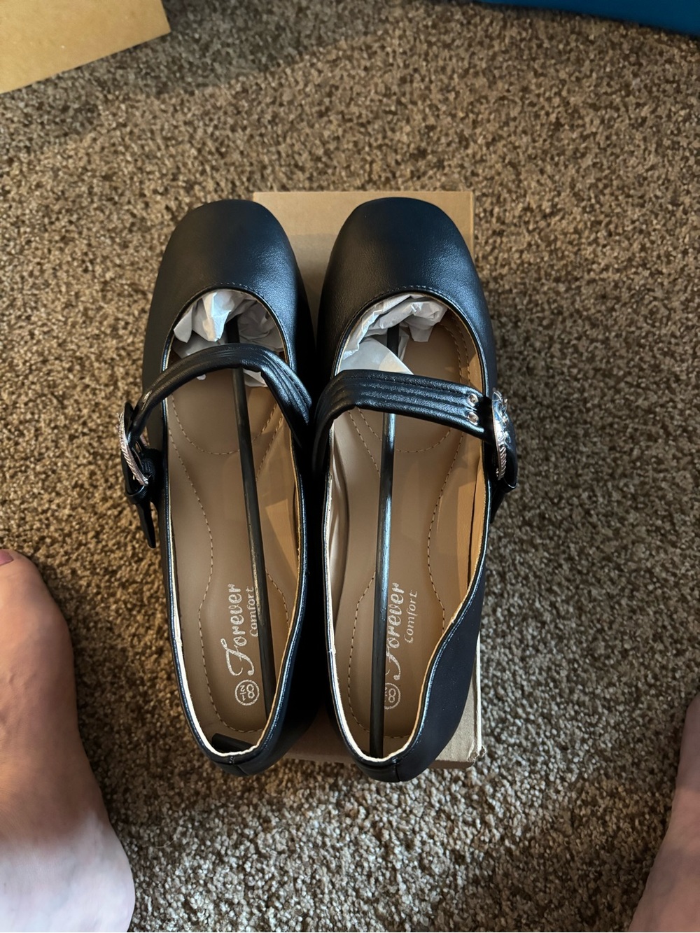 Black Helena Women’s Square Toe Flats w/ Buckle Strap. 8 1/2. Forever Link Int’l